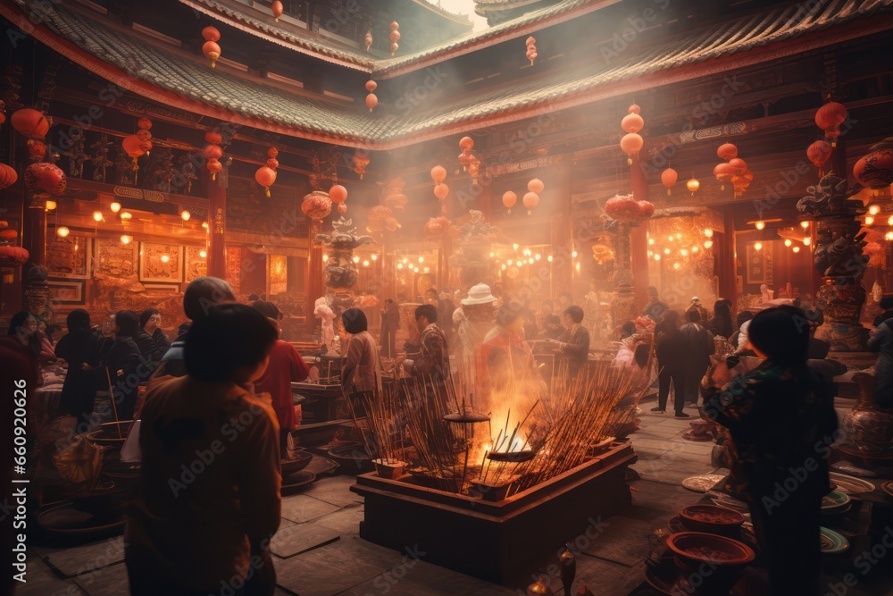Obraz premium Chinese new year fireworks celebrations on the chinese temple background