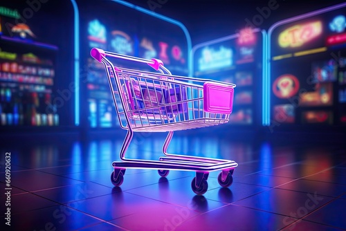 Colorful neon lights shopping carts stands in row offering sense of order and ease to customers as they select products from multitude of choices in bustling supermarket