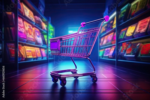 Wallpaper Mural Colorful neon lights shopping carts stands in row offering sense of order and ease to customers as they select products from multitude of choices in bustling supermarket Torontodigital.ca