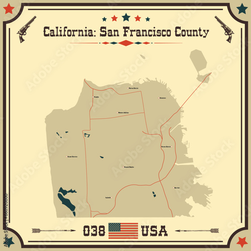 Large and accurate map of San Francisco County, California, USA with vintage colors.