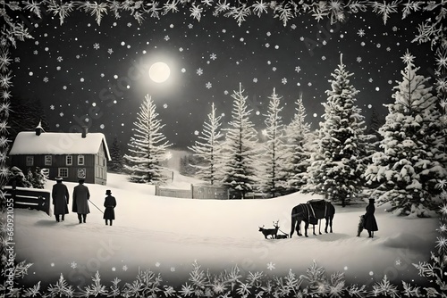 A card with a vintage Christmas scene in black and white. photo