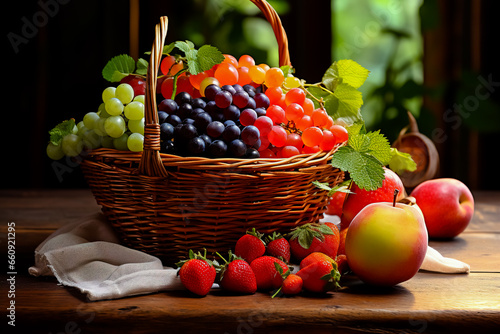 Basket and fresh fruits on wooden table.