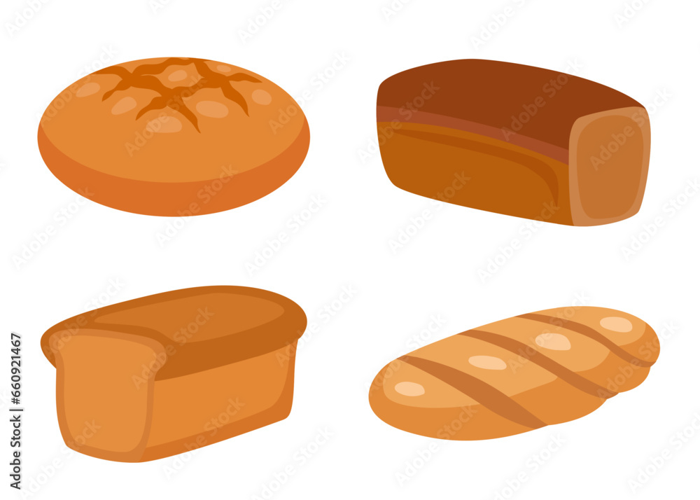 Bread set: whole grain bread, dark rye bread, loaf, french boiled bread in catroon flat style, isolated on white background Bread set: whole grain bread, dark rye bread, loaf, french boiled bread in catroon flat style, isolated on white background