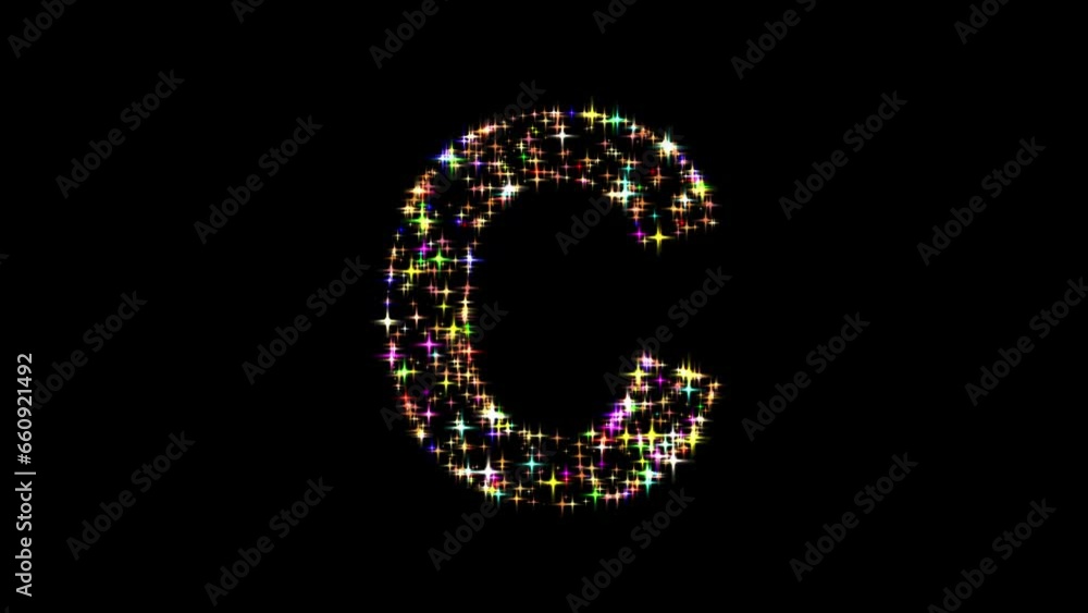 English alphabet C with colorful glitter sparkles on plain black background English alphabet C with colorful glitter sparkles on plain black background