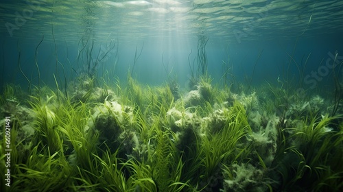 Sunlight through underwater view and seabed with green seagrass.