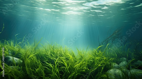 Sunlight through underwater view and seabed with green seagrass. © Tirtonirmolo