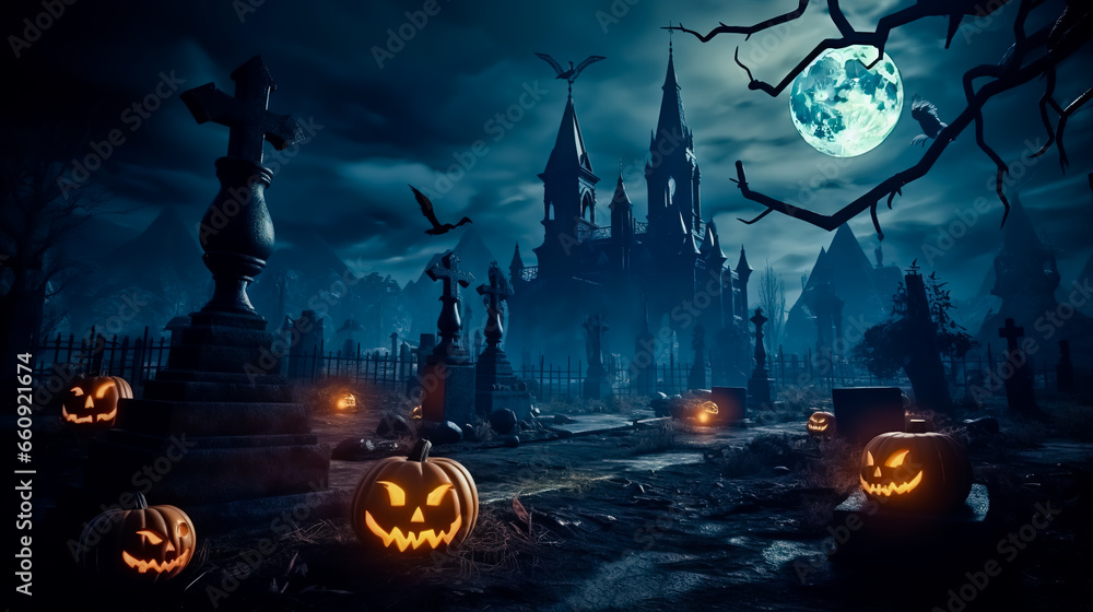Cemetery on halloween night with evil pumpkins bats and in the background a haunted castle and the full moon. Generative AI