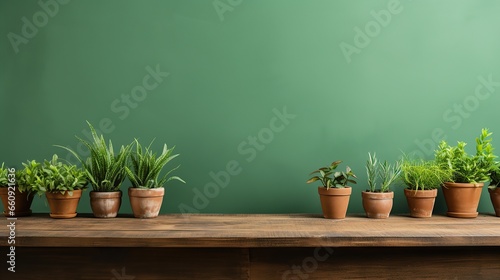 Wooden table with potted plants and green wall background. Wooden table green background as product mockup.