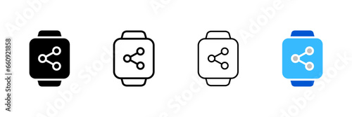 Share button on the watch screen. Different styles, wrist watches, share button, Share button on wrist watch screen. Vector icons