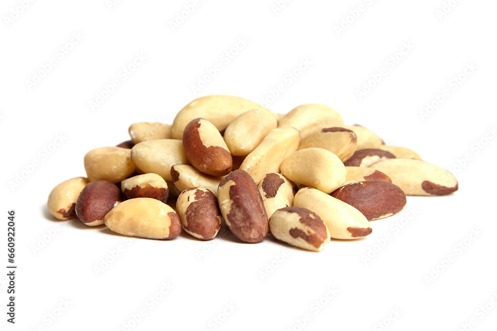 Brazil nuts isolated on white background. Wholesome Brazil nuts in a heap.