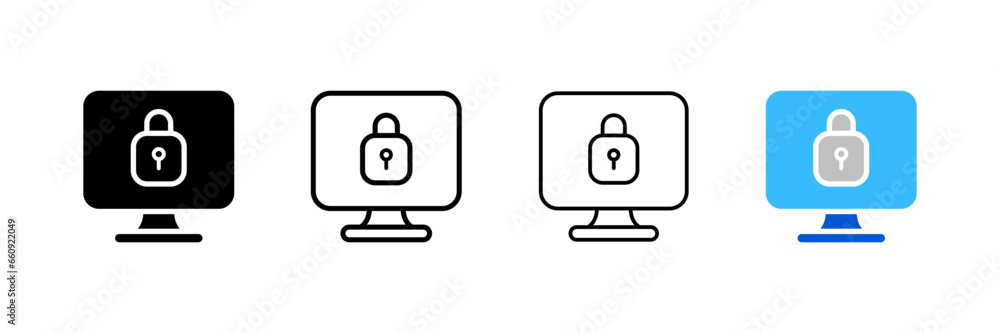 Keyhole on the monitor screen. Different styles, keyhole, access required icon, monitor screen. Vector icons Keyhole on the monitor screen. Different styles, keyhole, access required icon, monitor screen. Vector icons