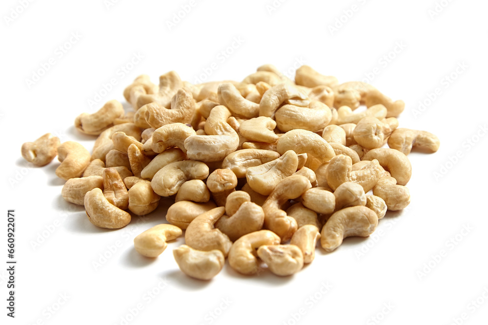 Cashew nut heap isolated on white background. Cashew heap, a source of healthy fats Cashew nut heap isolated on white background. Cashew heap, a source of healthy fats