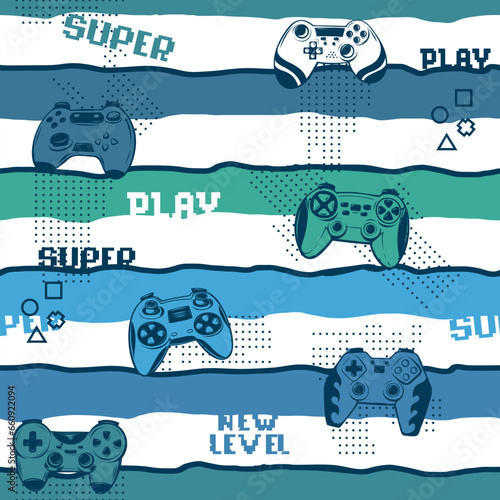 Abstract seamless pattern with  gamepads on linear repeat bakground. Game pad repeat print for tenagers textile, sport clothes, wrapping paper.