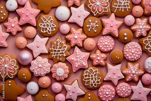 Gingerbread cookies for a children's party in the form of sweets and candies with copy space. Generative AI photo