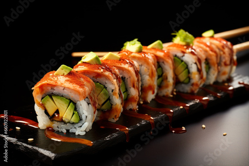 sushi rolls on a black background, close-up, horizontal