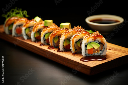 Sushi roll with salmon, avocado, cucumber and sesame seeds