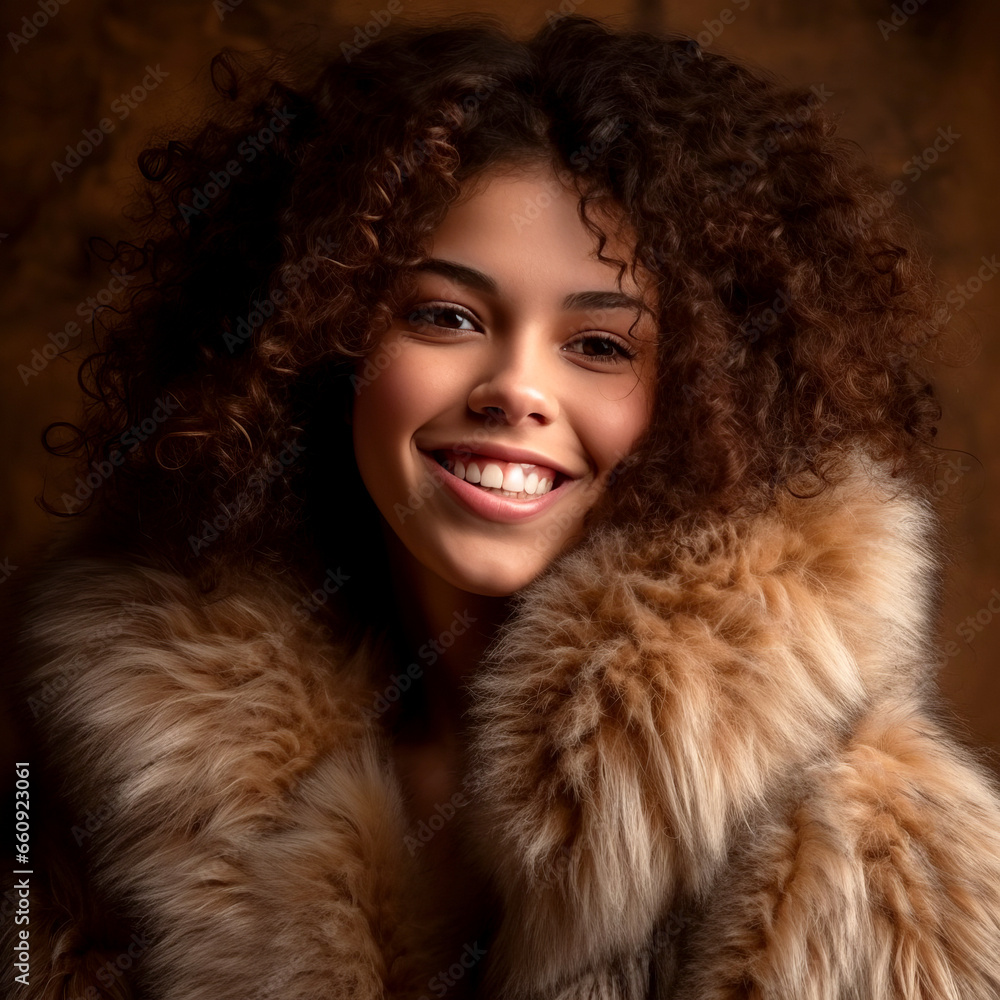 Portrait of a beautiful young african american woman in fur coat. Beautiful happy african american woman with curly hair wearing a fur coat. Attractive african american girl with afro hairstyle Portrait of a beautiful young african american woman in fur coat. Beautiful happy african american woman with curly hair wearing a fur coat. Attractive african american girl with afro hairstyle