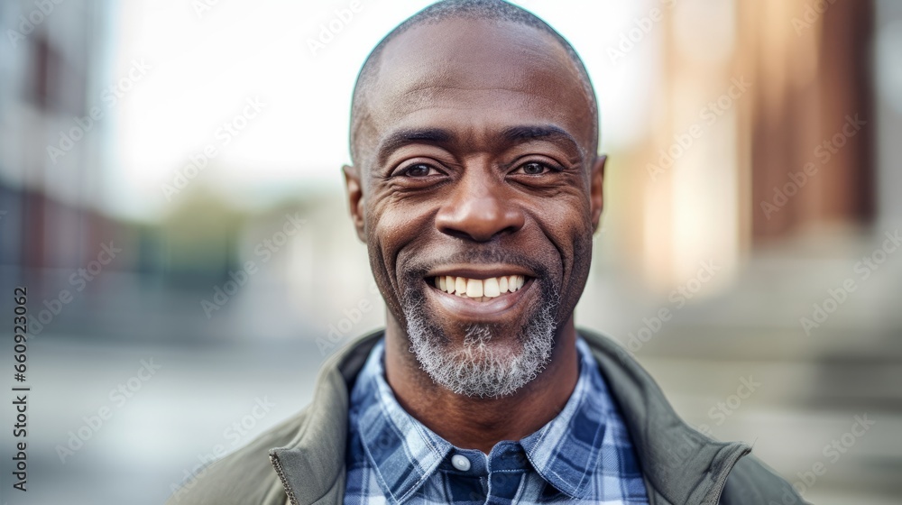 Senior African man smiling at the camera outdoors. Close-up portrait of a smiling handsome african american man in the city. Middle aged man looking at a camera in a city. AI Generated Senior African man smiling at the camera outdoors. Close-up portrait of a smiling handsome african american man in the city. Middle aged man looking at a camera in a city. AI Generated