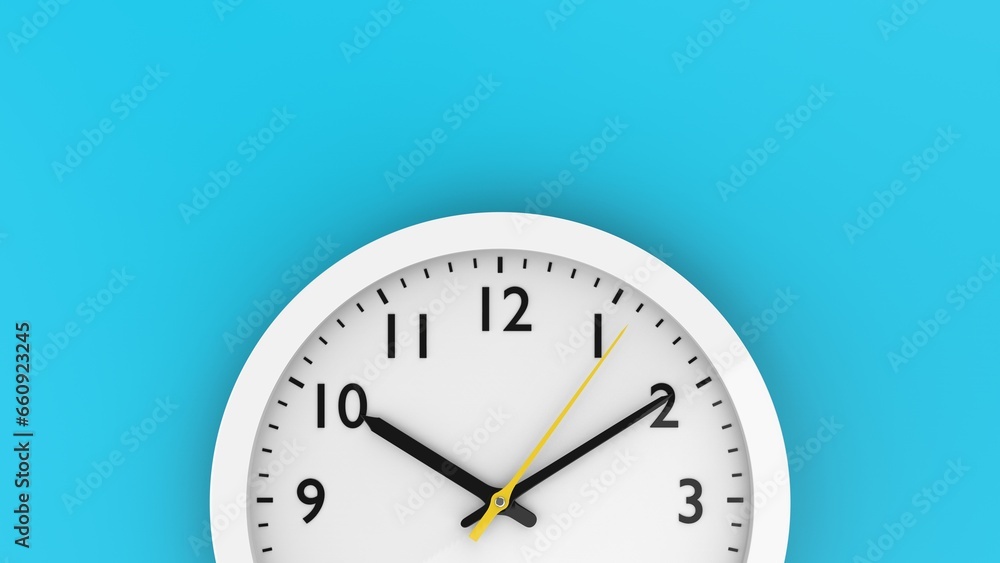 Part of white wall clock with yellow second hand hanging on wall. turquiose blue background Part of white wall clock with yellow second hand hanging on wall. turquiose blue background