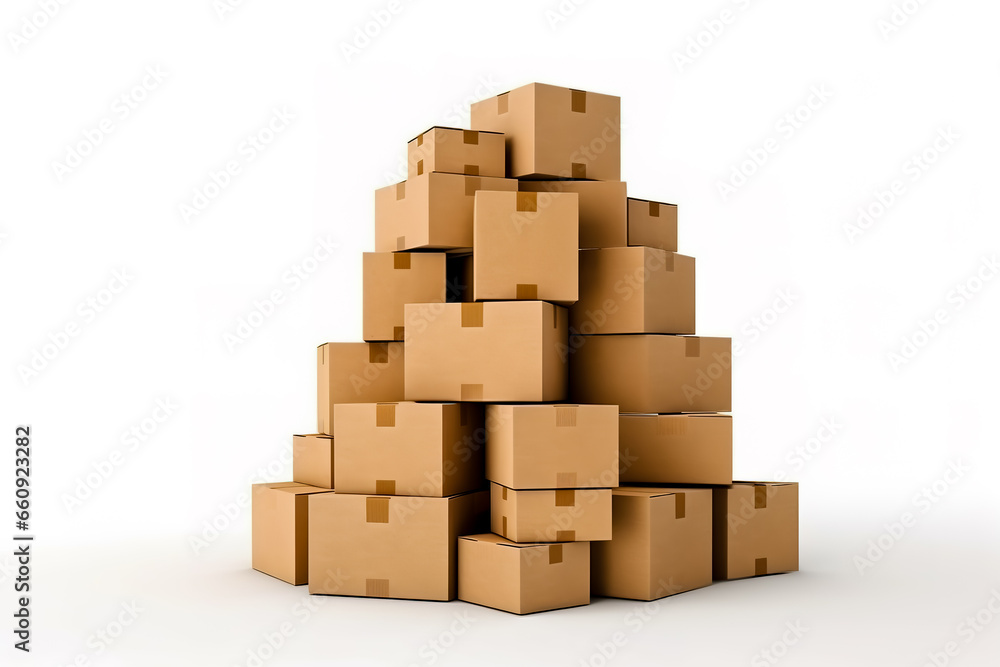 Pile of cardboard boxes isolated on white. Generative AI Pile of cardboard boxes isolated on white. Generative AI