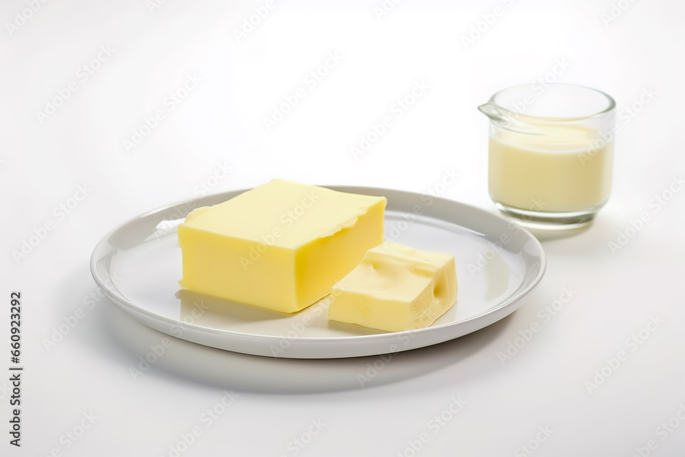 Plate with piece of butter on white background. Generative AI Plate with piece of butter on white background. Generative AI
