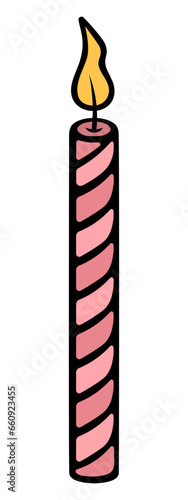 Burning candle. The yellow flame is wriggling. Twisted pattern on a pink paraffin candle. Decoration for a birthday cake. Color vector illustration. Cartoon style. Isolated background. 