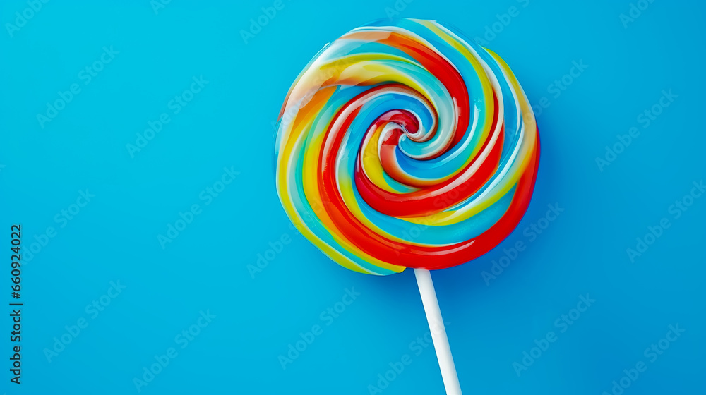 Tasty appetising party accessory sweet swirl candy lollypop on blue background top view. Generative AI Tasty appetising party accessory sweet swirl candy lollypop on blue background top view. Generative AI