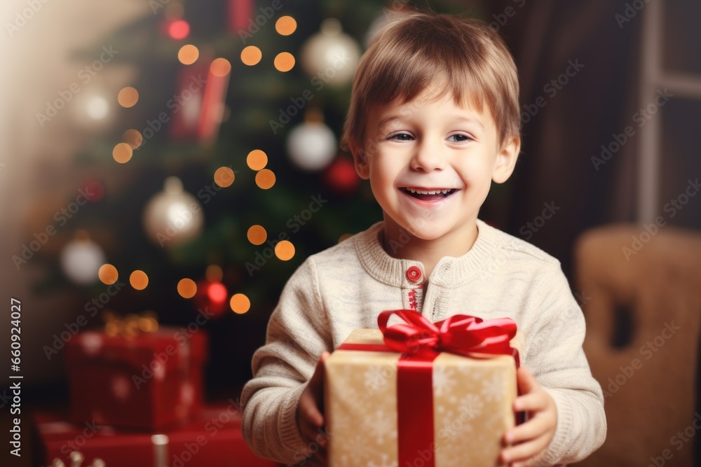 Photo of a Happy little smiling girl with christmas gift box Photo of a Happy little smiling girl with christmas gift box
