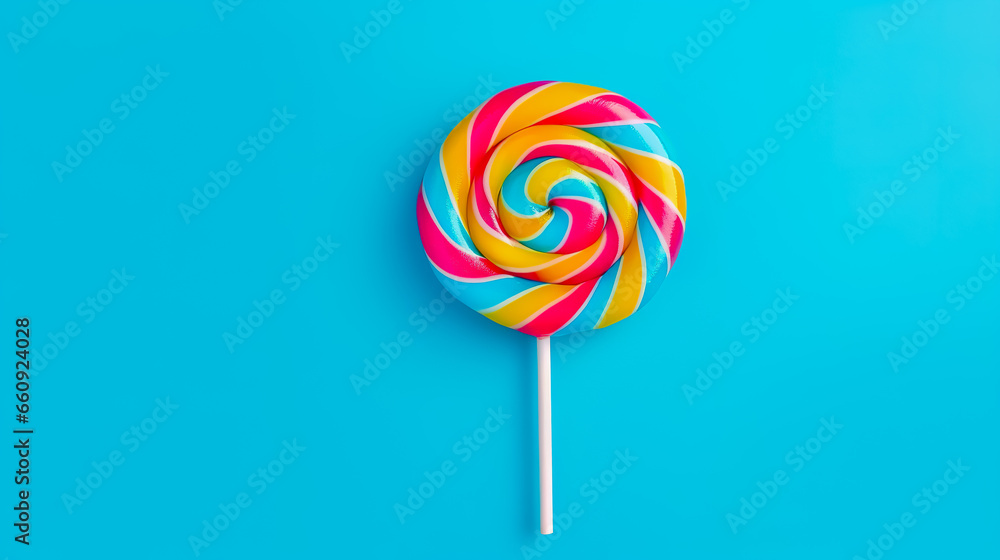 Tasty appetising party accessory sweet swirl candy lollypop on blue background top view. Generative AI Tasty appetising party accessory sweet swirl candy lollypop on blue background top view. Generative AI
