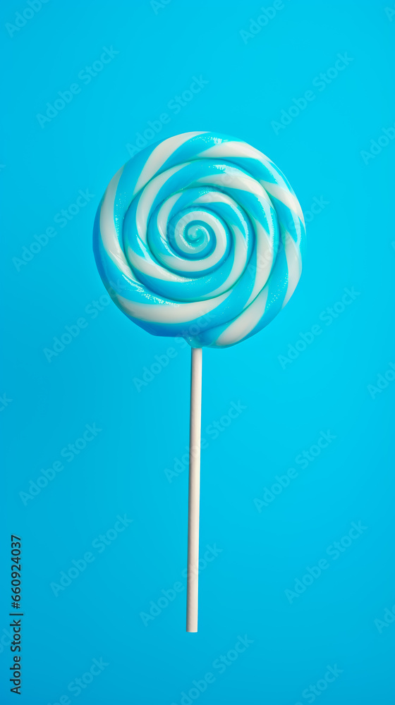 Tasty appetising party accessory sweet swirl candy lollypop on blue background top view. Generative AI Tasty appetising party accessory sweet swirl candy lollypop on blue background top view. Generative AI