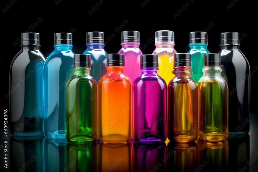 Assortment of colorful plastic bottles containing various cosmetic liquids. Generative AI