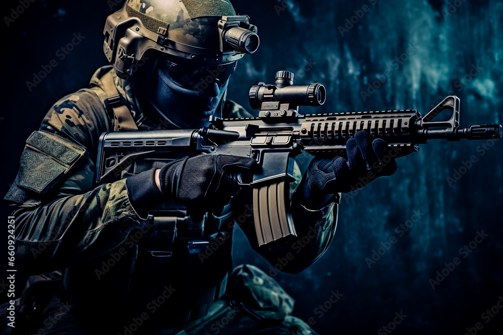 The elite unit, special forces soldier in camouflage uniform holding an assault rifle with a laser sight and aims at the target. studio photo against a dark textured wall. Generative AI The elite unit, special forces soldier in camouflage uniform holding an assault rifle with a laser sight and aims at the target. studio photo against a dark textured wall. Generative AI