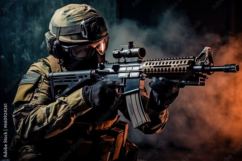 The elite unit, special forces soldier in camouflage uniform holding an assault rifle with a laser sight and aims at the target. studio photo against a dark textured wall. Generative AI
