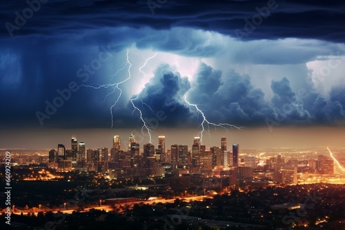 Thunderstorm over urban landscape skyline. Generative AI
