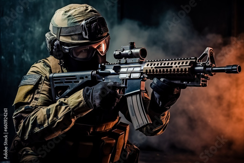 The elite unit  special forces soldier in camouflage uniform holding an assault rifle with a laser sight and aims at the target. studio photo against a dark textured wall. Generative AI