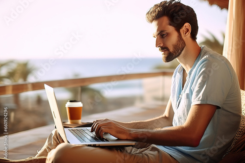 Man Working Remotely Overlooking Tranquil Ocean Horizon View