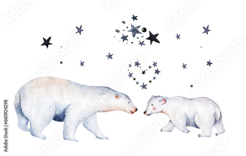 Watercolor animals illustrations. Cute wild animal. Polar Bears silhouette isolated on a white background. Sketch art. Save the Arctic