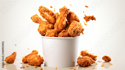 Fried chicken flying out of paper bucket