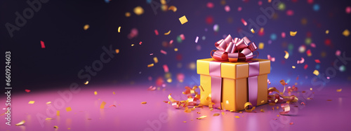 Christmas Birthday New Year Gift Box with Golden Bow and Sparkles and Falling Confetti on Blue Purple Background. Gift Present Box tied with Ribbon. Holiday Festive Party Winning Banner. Generative AI