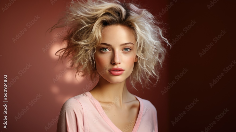 The illustration shows a portrait of a woman in beauty style, who radiates elegance and grace with flawless makeup and a trendy hairstyle. Generative Ai.