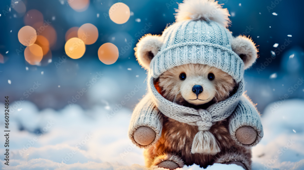 Winter atmospheric landscape with frost - covered, snow man and blurred bokeh. Winter Christmas background, copy space. Generative AI Winter atmospheric landscape with frost - covered, snow man and blurred bokeh. Winter Christmas background, copy space. Generative AI
