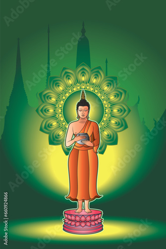 Buddha standing holding an alms bowl. Green background by color of the day Wednesday Buddha.