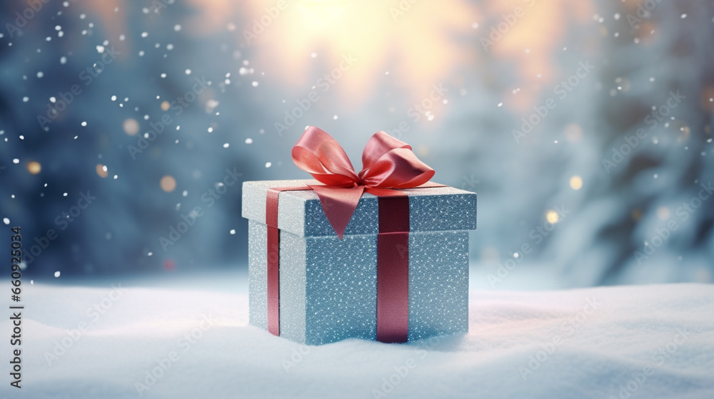 Christmas Decoration Background with Gift Box in Snow Winter Landscape. WIth Red Bow and Falling Snowflakes and Bokeh. Aspen Winter Forest and Sunrise Light. Christmas Banner and Backdrop. Christmas Decoration Background with Gift Box in Snow Winter Landscape. WIth Red Bow and Falling Snowflakes and Bokeh. Aspen Winter Forest and Sunrise Light. Christmas Banner and Backdrop.