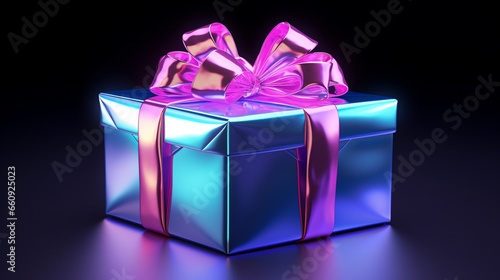 3d Holographic Gift Box on Glowing Background. Present with Bow in Neon Colours. Mock-up Poster, Christmas Birthday New Year Winning Gift Box, 3D Render.