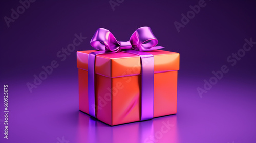 3d Holographic Gift Box on Glowing Background. Present with Bow in Neon Colours. Mock-up Poster, Christmas Birthday New Year Winning Gift Box, 3D Render.