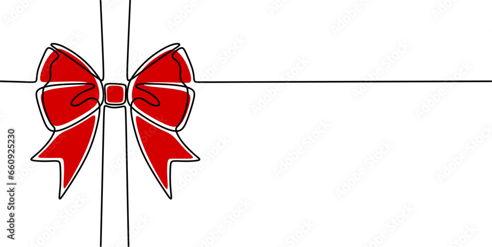 One line red ribbon bow gift. Minimalist single line art. Bow isolated on white background. - obrazy, fototapety, plakaty 