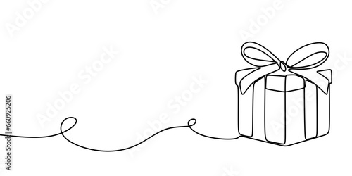 Out line drawing of gift box. Gift box line art outline vector illustration. Merry Christmas decoration. Wavy one line with gift box. 