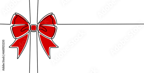 One line red ribbon bow gift. Minimalist single line art. Bow isolated on white background. photo
