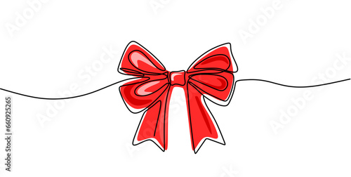 One line red ribbon bow gift. Minimalist single line art. Bow isolated on white background.