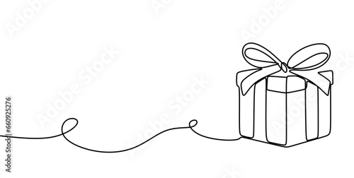 Out line drawing of gift box. Gift box line art outline vector illustration. Merry Christmas decoration. Wavy one line with gift box.